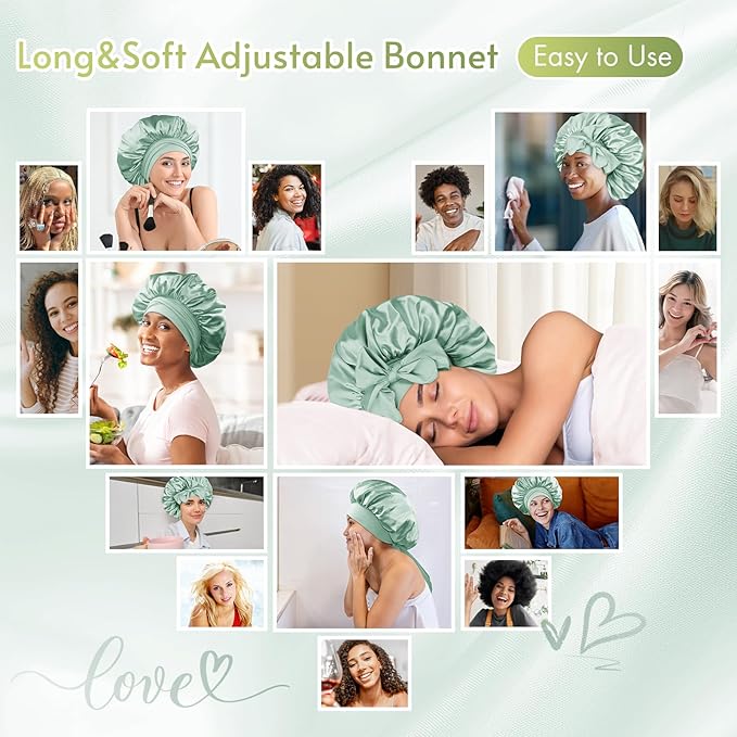 BONNET QUEEN Silk Bonnet for Sleeping Women Satin Bonnet Night Sleep Cap Wrap for Curly Hair with Adjustable Tie Band, Single Layer, Sage