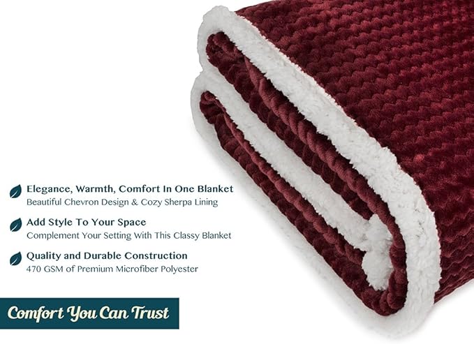 PAVILIA Maroon Red Couch Blanket Throw Reversible Sherpa Chevron, Soft Cozy Jacquard Weave Textured Blanket Sofa Bed, Thick Warm Large Fleece Car Blanket, Plush Home Decor Gift, 50x60 Burgundy Wine