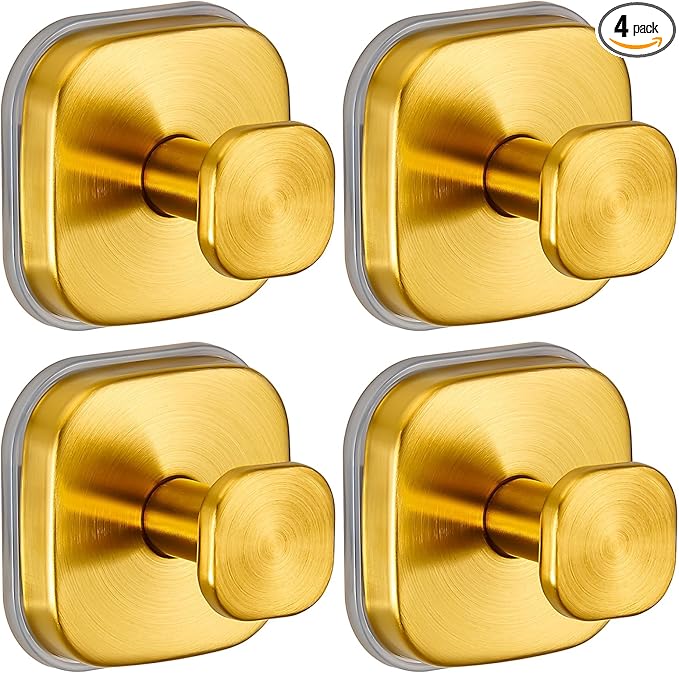 Suction Cup Hooks for Shower - Resuable Bathroom Hooks for Towels, Robes & Loofah - No-Drill Mounting on Kitchen,Walls,Metal,Glass,Mirrors,Tile & Smooth Non-Porous Surfaces (4, Brushed Gold)