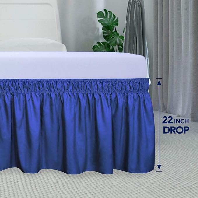 PureFit Wrap Around Ruffled Bed Skirt with Adjustable Elastic Belt - 22 Inch Drop Easy to Put On, Wrinkle Free Bedskirt Dust Ruffles, Bed Frame Cover for Twin, Twin XL and Full Size Bed, Classic Blue