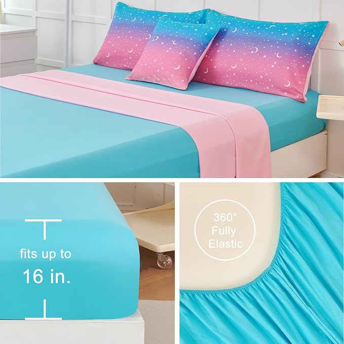 URBONUR Kids Queen Comforter Set Pink Rainbow Galaxy Moon Star Printed Bedding Set 6 Pieces Soft All Season Girls Bed in a Bag Queen Size
