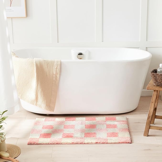 CozeCube Bath mats for Bathroom Non Slip, Fluffy Absorbent Microfiber Bath mat Washable, Aesthetic Bathroom Rugs, Cute Blossom Pink Checkered Bath mat, Blossom Pink, 32" x 20"