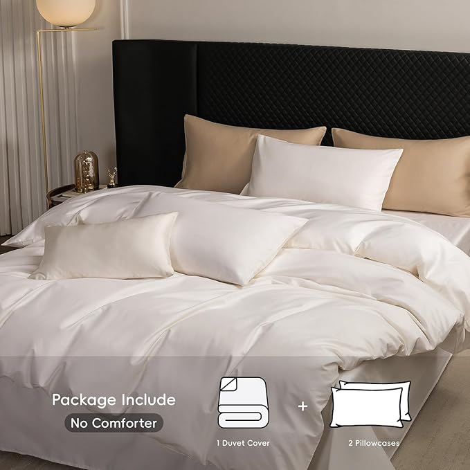 MooMee Duvet Cover Set 100% Extra Long Staple Cotton 600 Thread Count Silky Sateen Smooth Luxury Soft Breathable Durable Hotel Quality Bedding, 3 Pieces (Creamy White, King 104"x90")