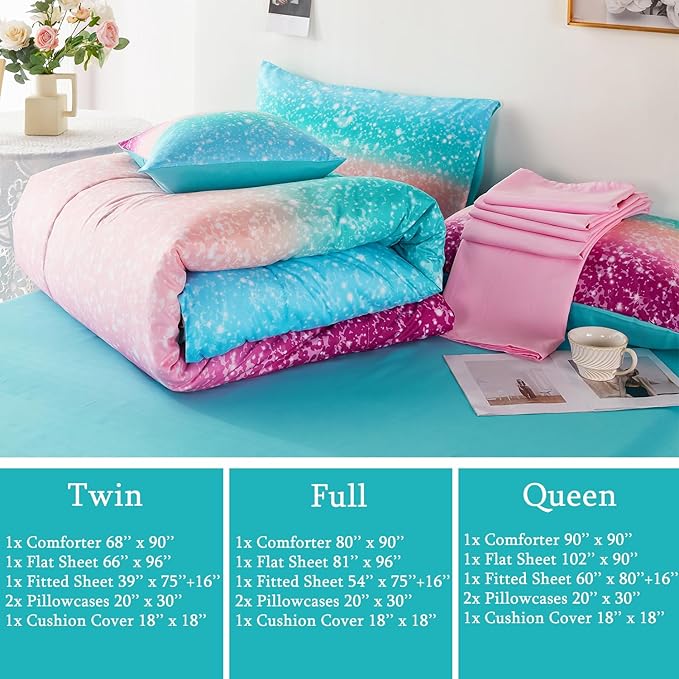 URBONUR 6Pcs Glitter Comforter Set for Girls Twin Size Gradient Tie Dye Purple Blue Bedding Set Comforter with Sheet Set, Ultra Soft and Breathable Kids Bed Set for Teen Girl