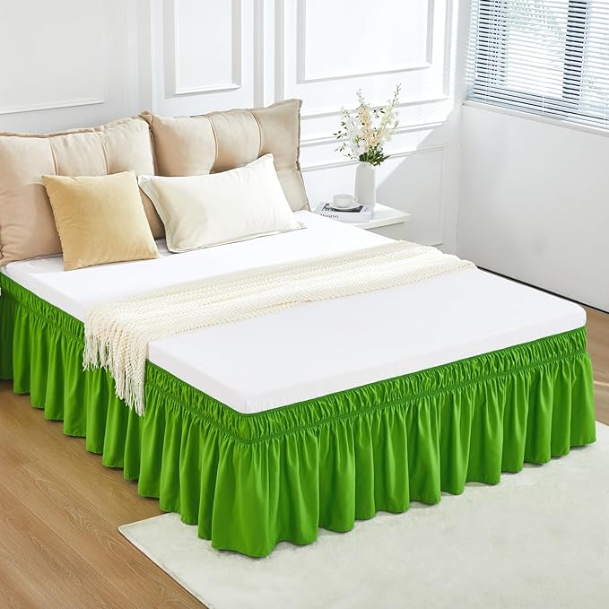 RIMELA Green Bed Skirt King Size 15 Inch Drop, Elastic Bed Skirting for Bed Base and Frame, Bedding Dust Ruffle Easy to Install, Lightweight Wrap Around Adjustable Bedskirt