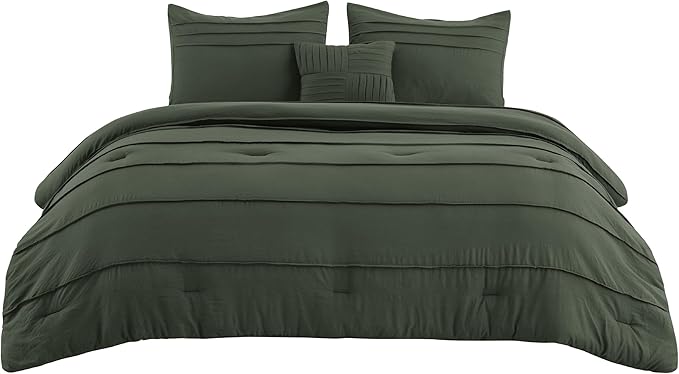 Bedsure California King Comforter Set - 4 Pieces Pinch Pleat Bed Set, Olive Green Boho Bedding for All Season, 1 Soft Comforter, 2 Pillowcases, 1 Decorative Pillow