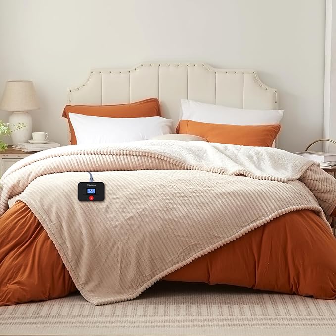 Westinghouse Electric Blanket Twin, Soft Ribbed Flannel to Sherpa Heated Blanket with 10 Heating Levels & 1-12 Hours Auto Shut Off, Fast Heating & Machine Washable, 62x84 Inch, Beige