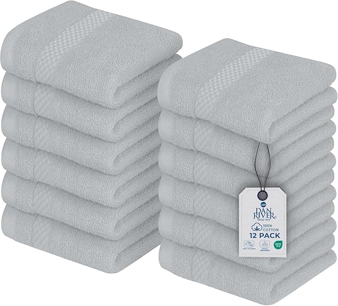 DAN RIVER 12-Pack Premium 100% Cotton Highrise Face Towels – Reusable Face Towel Set, Absorbent & Soft Wash Towels for Bathroom & Body – Hand and Face Towels, 550 GSM (12x12 in)