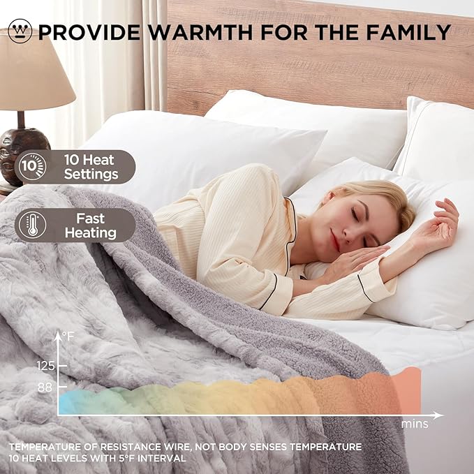 Westinghouse Electric Blanket Full, Faux Fur Heated Blanket with 10 Heating Levels & 1-12 Hours Auto Off, Soft Cozy Sherpa Heated Blanket Washable Blanket (80" x 84" Full Size, Light Grey)
