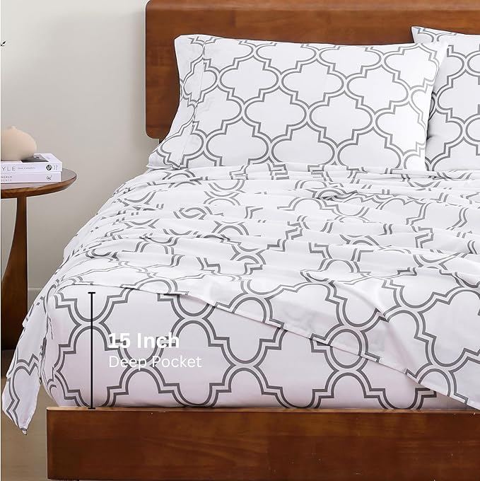 LANE LINEN 100% Organic Cotton Twin XL Sheet Set, Low Pilling Printed Fade Resistant Machine Washable Extra Long Twin Bedding Set, Soft & Comfy Printed Cotton Sheets - Trellis