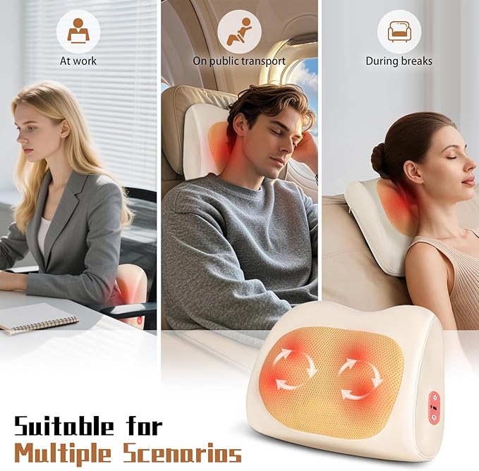Shiatsu Back and Neck Massager with Heat,3D Electric Kneading Deep Tissue Massage Pillow for Muscle Pain Relief,Cordless Portable Massage for Neck,Shoulder,Leg,Back,Use for Home,Car,Office,Travel