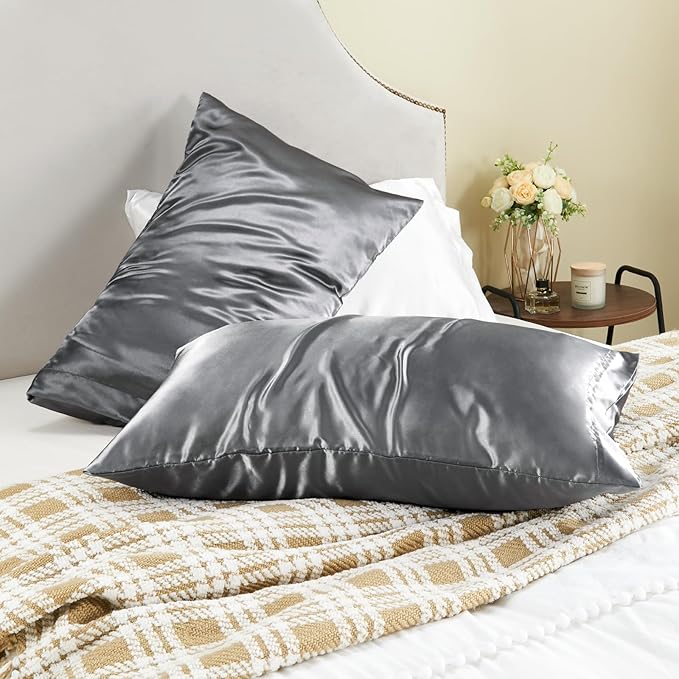 BEDELITE Satin Pillowcase for Hair and Skin, Super Soft and Cooling Similar to Silk Pillow Cases 2 Pack with Envelope Closure, Gift for Women Men(20"x40" King Size, Dark Grey)