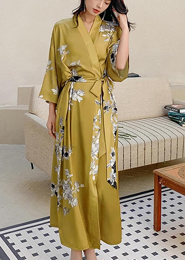 Silk Satin Robe for Women Long Japanese Kimono Robe Lightweight Soft Bathrobe Floral Luxury Dressing Gown
