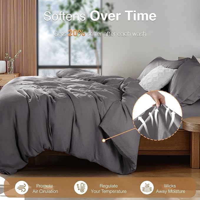 SONORO KATE 100% French Linen Duvet Cover King Size, Soft Breathable for Hot Sleepers, Moisture Wicking & Durable Cover Set - Zipper Closure & 4 Corner Ties Duvet Covers 3 Piece (Dark Grey,King)