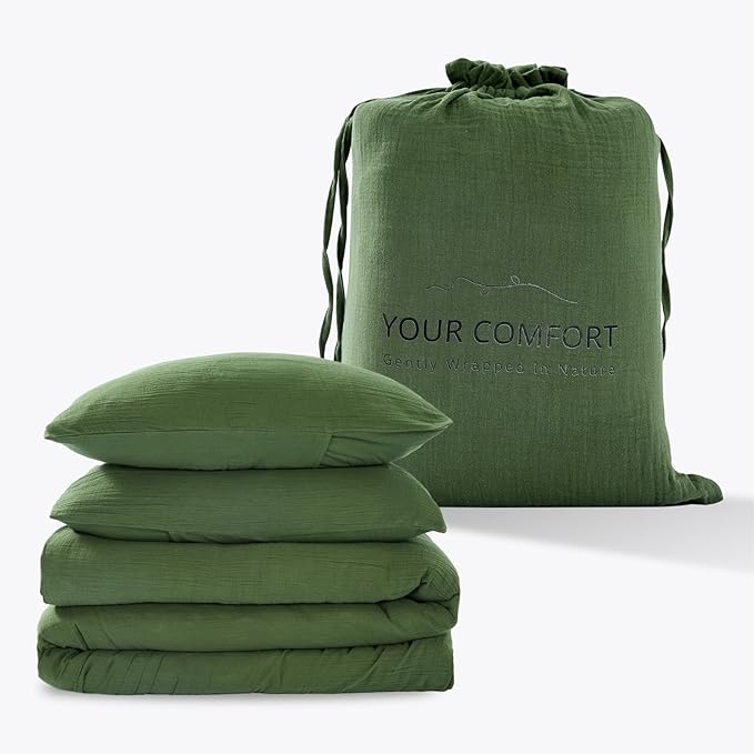 Green Duvet Cover Queen Size, 100% Sandwashed Cotton Soft Queen Duvet Cover Set 3 Pieces with Zipper Clousre & Corner Buttons (Green, Queen 90 x 90)