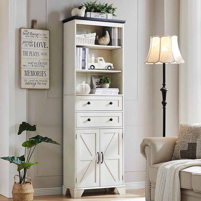 ACCOHOHO Farmhouse Tall Bathroom Storage Cabinet, 72" Storage Cabinet with 2 Drawers, Adjustable Shelves & Barn Door, Cabinet for Bathroom, Living Room, Kitchen, Off White