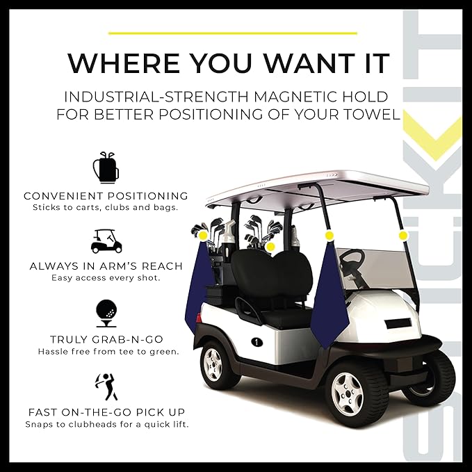 STICKIT Magnetic Golf Towel, Navy, Premium 29" Microfiber with Deep Waffle Pockets, Industrial Strength Magnet for Secure Hold to Golf Carts & Clubs, Ultra-Absorbent, Fast-Drying, Easy-Clean Design