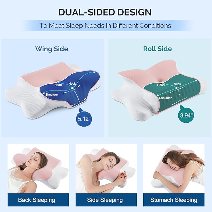 Cervical Pillow for Neck Pain Relief - Cooling Ergonomic Dual-Sided Orthopedic Neck Pillow with Ice Silk Pillowcase, Breathable Memory Foam Contour Pillow for Side, Back, Stomach Sleepers