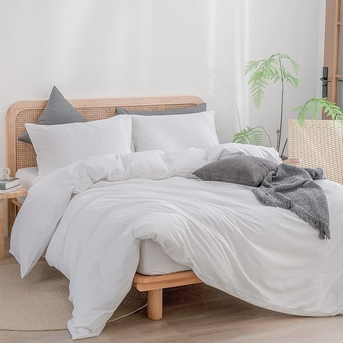 BESTOUCH Duvet Cover Set 100% Washed Cotton Linen Feel Super Soft Comfortable Chic Lightweight 3 PCs Home Bedding Set Solid Bright White Oversized King
