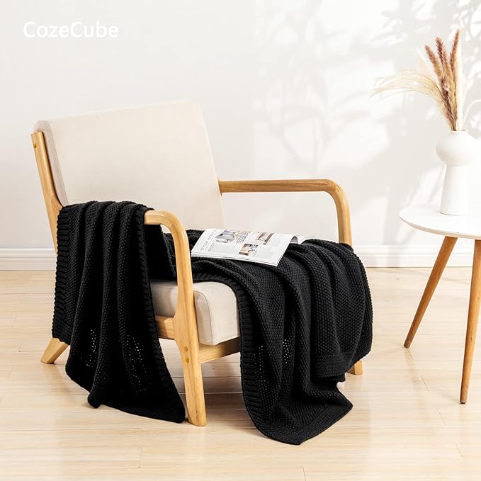 CozeCube Black Throw Blanket for Couch, Soft Cozy Cable Knit Throw for Bed Sofa Living Room, Lightweight Warm Decorative Farmhouse Christmas Blanket, 60"x80", Jet Black