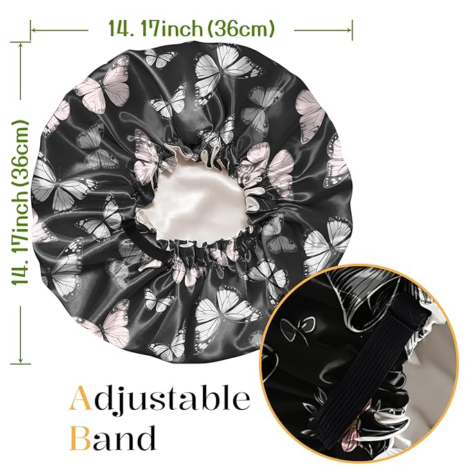 2 PCS Bonnets for Women Girls Satin Hair Bonnet Silk Adjustable Elastic Double Layer Hair Wrap Sleep Cap Comfort Cute-Bowknot Butterfly