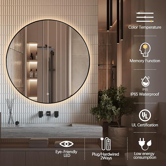 Niccy 32" LED Backlit Round Mirror for Bathroom, Black Framed Vanity Light Wall Mirror LED Smart Circle Mirrors with 3 Lighting Colors, Dimmable Lighted Mirror with Anti-Fog, IP65 Waterproof