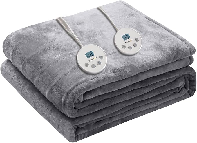 Wapaneus Heated Blanket Electric Queen Size 84"x90"-Dual Control with 10 Heat Levels 12 Timer Settings and 8 Hours Auto-Shut Off,Fast-Heating Electric Blanket,ETL Listed Machine Washable,Light Grey