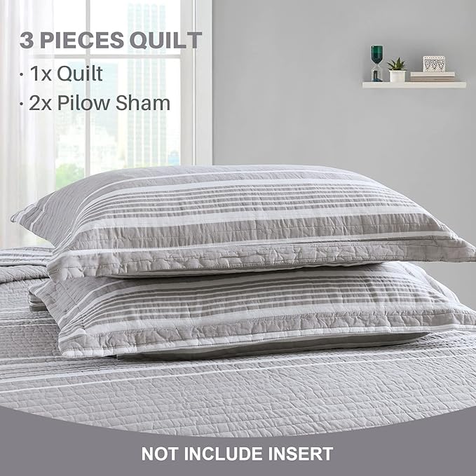 Y-PLWOMEN Quilt Queen Size - 100% Cotton Queen Bed Quilt, Grey Striped Reversible Bedspread for All Season, 3-Piece