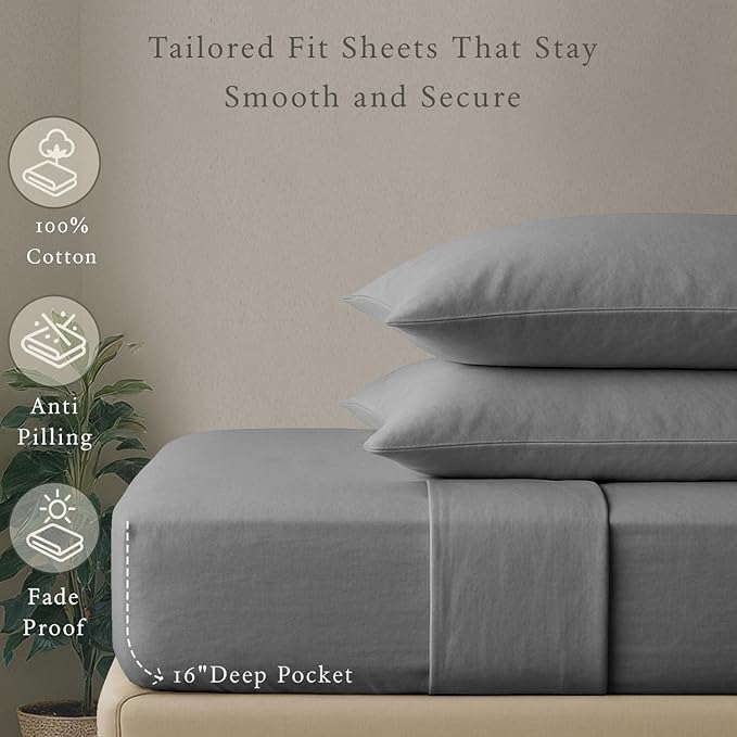 Threadmill 100% Cotton Deep Pocket/Soft/Fade Resistance, 500 Thread Count, Solid 4-Piece Bed Sheet Set (1 Flat, 1 Fitted Sheet, 2 Pillow Covers), Full, Dark Gray