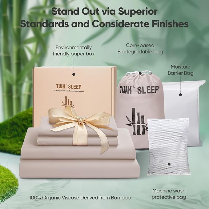 TWK Luxury Sheet Set, Genuine 100% Viscose Derived from Bamboo, Cooling & Breathable, Silky Soft, Bedding Sheets & Pillowcases(Sand Queen(60 * 80 * 15))