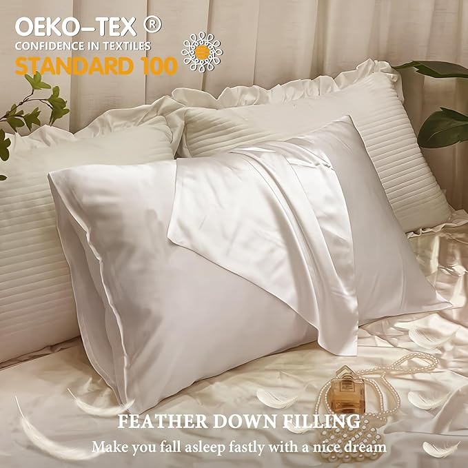 BHZ Satin Goose Down Feather Pillows Standard Size with White Satin Pillowcase for Hair and Skin, Cooling Pillow Cases Similar to Silk Pillow Cases, Decorative for Women, Mom Men