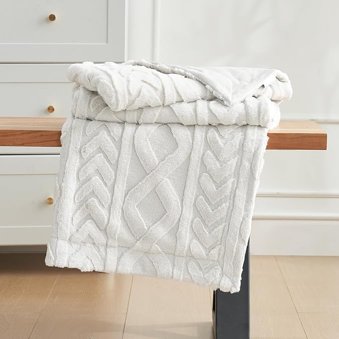 Cozy Bliss Faux Fur Throw Blanket for Couch, Jacquard Fuzzy Plush Soft Thick Winter Throw Blanket for Sofa Bed Living Room Bedroom，50"x60" Beige