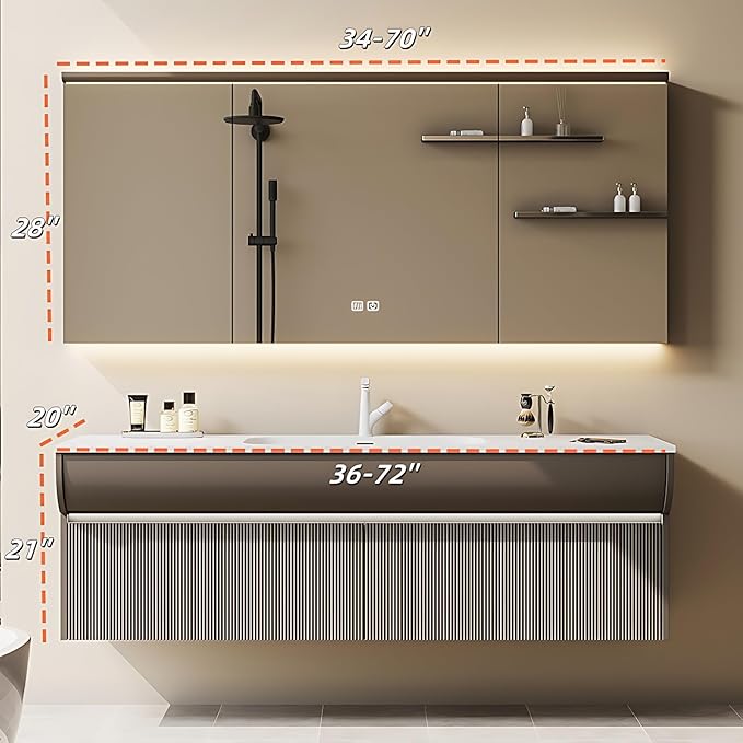 Solid Wood Bathroom Vanity Set - Wall Mounted Bathroom Cabinet with Light, Mirror with Light & Defog, Exquisite Accessories (Mirror Cabinet Style, 36'')