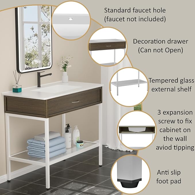 36 Inches Bathroom Vanity with Resin Sink, Single Sink Modern Cabinet Set, Stainless Steel Frame with Tempered Glass Open Shelf, Freestanding Bathroom Storage Cabinet Combo, White