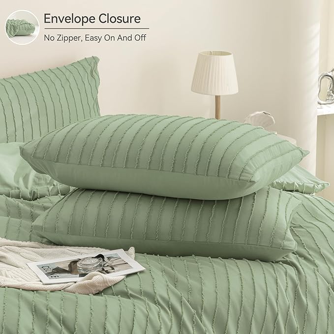 JELLYMONI Duvet Cover Queen Size Light Green - 3PCS Boho Striped Duvet Cover Set Polyester Tufted Bohemian Textured Comforter Cover 90×90in with Corner Ties & Zipper and 2 Pillowcases