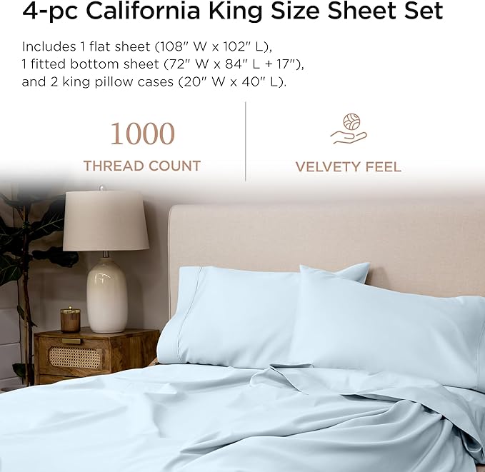 Threadmill California King Sheets, Certified American Supima Cotton Sheets, 1000 Thread Count Hotel Quality Sheet, 4 Piece Luxury Bed Sheet Set with Elasticized Extra Deep Pocket, Light Blue