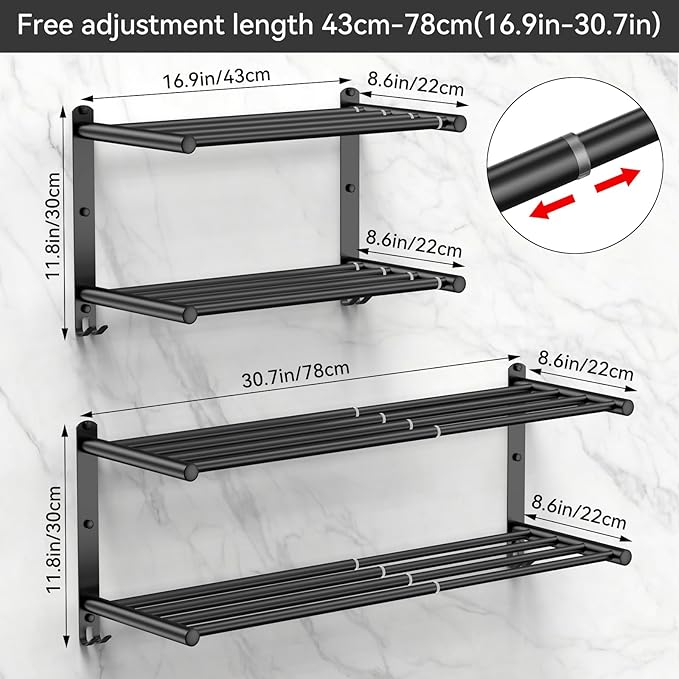 Black Adjustable Towel Bar for Bathroom Wall Mount17-30.7inch Adhesive Shower Towel Rack Stainless Steel Bath Towel Holders for Toilet Kitchen Double Towel Hanger (Black Double Towel Rack)