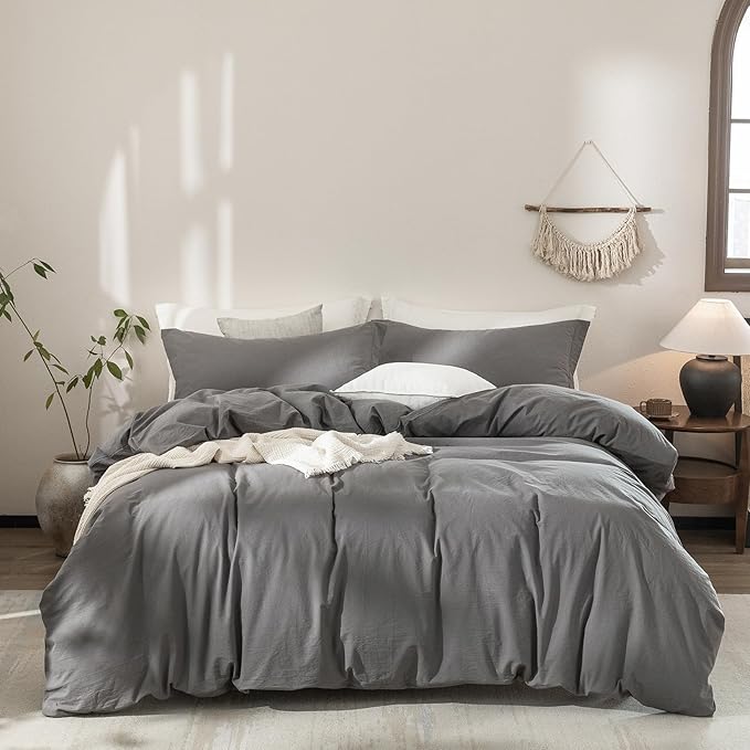 Dark Grey Duvet Cover California King Size Bedding Set Cover 100% Washed Cotton Duvet Cover with Zipper Closure and 2 Pillowcases, 104inch x 98inch