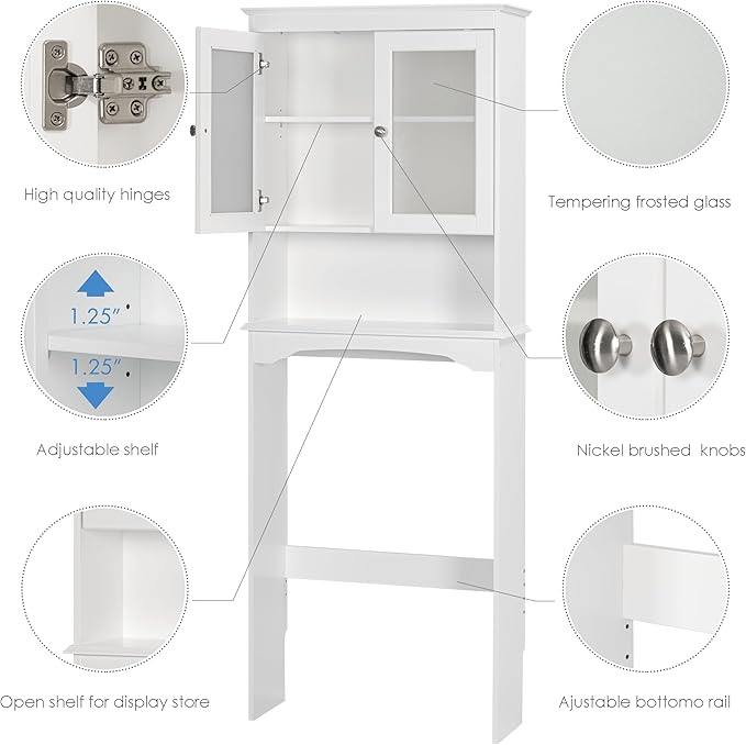 Spirich Over The Toilet Storage Cabinet, Above Toilet Storage Shelf with Glass Doors, Behind Toilet Bathroom Organizer, White