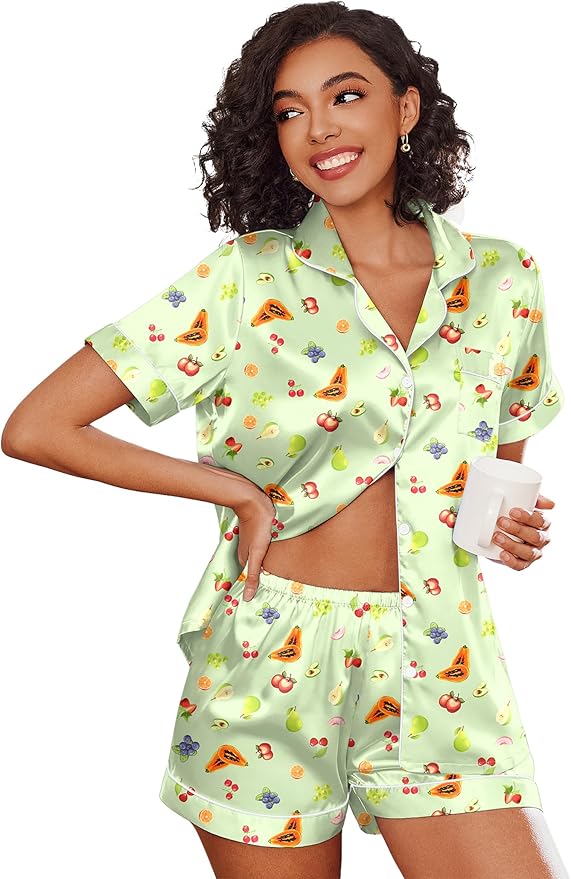 Ekouaer Pajamas for Women Set Silk Satin Pjs Shorts Sleepwear 2 Piece Loungewear S-XXL