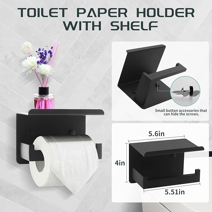 Matte Black Bathroom Hardware Set Towel Bar Set Black Bathroom Hardware Accessories Set with Towel Bars, Stainless Steel Wall Mounted Bathroom Towel Rack Set Square