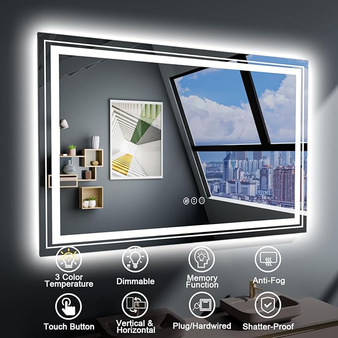 28x60 LED Bathroom Mirror with Front and Backlight, Dimmable Lighted Bathroom Vanity Mirror with Anti-Fog, Memory Function,Tempered Glass(Horizontal/Vertical)