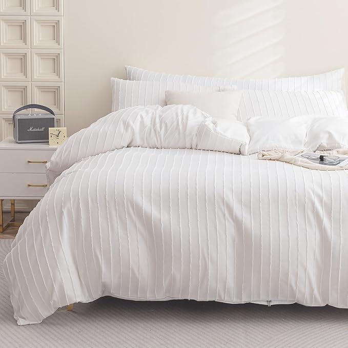 JELLYMONI Duvet Cover Twin Size Bright White - 3PCS Boho Striped Duvet Cover Set Polyester Tufted Bohemian Textured Comforter Cover 68×90in with Corner Ties & Zipper and 2 Pillowcases