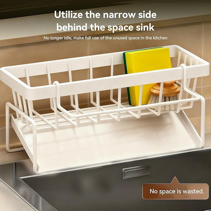 Sponge Holder for Kitchen, Sink Caddy Organizer Rack for Kitchen Accessories, Soap Dispenser Countertop Organizer Essentials for Home (White)