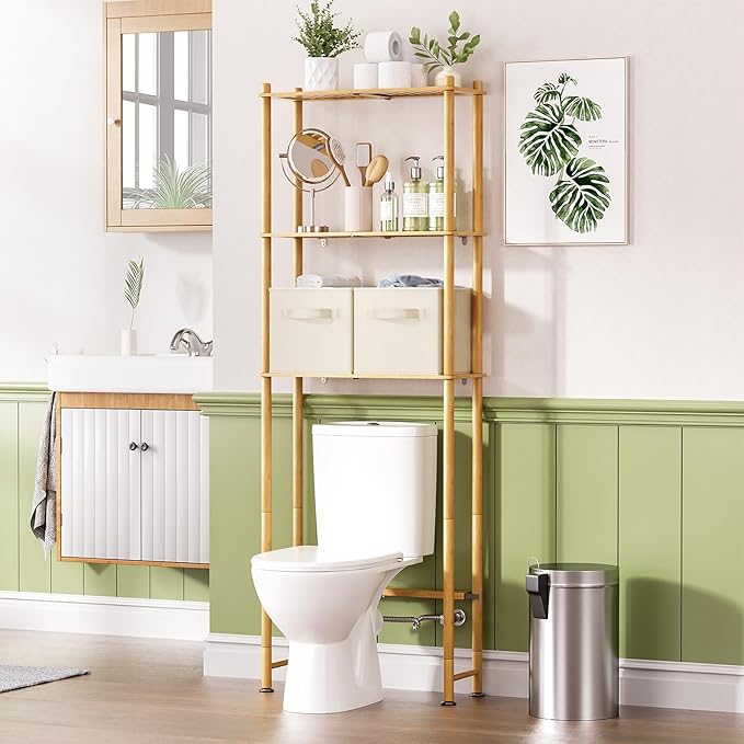 AmazerBath Over The Toilet Storage Bamboo, 3-Tier Over Toilet Organizer Rack with 2 Fabric Storage Bins, Freestanding Toilet Shelf for Bathroom Laundry Space Saver, Natural Color