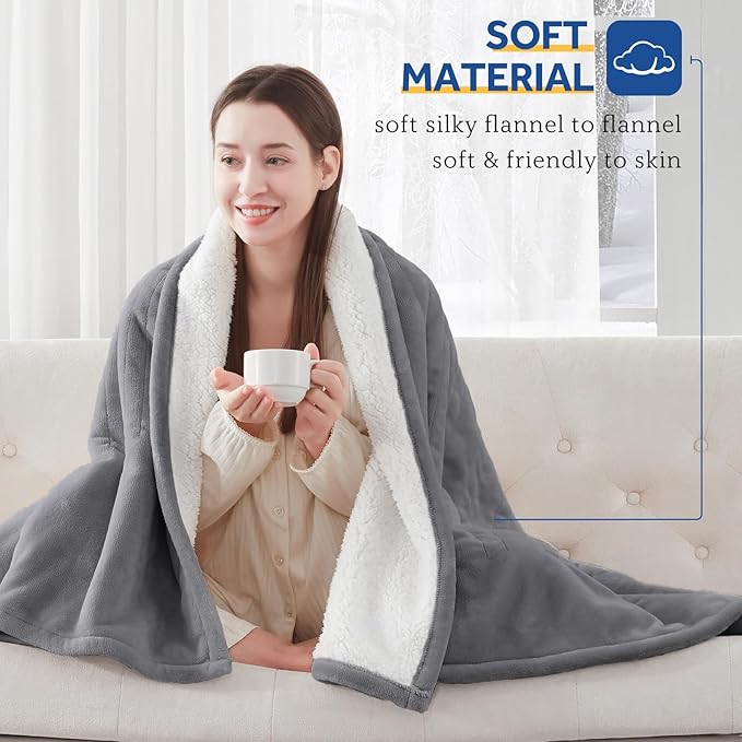 SEALY Electric Blanket Full Size, Heated Blanket Flannel & Sherpa with 10 Heating Levels & 1-12 Hours Auto Shut Off, Fast Heating Warming Blanket, Machine Washable, Light Grey, 80 x 84 Inch