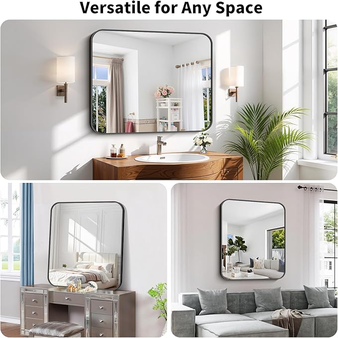 Koonmi Black Framed Bathroom Mirror - 32x40 Inch Shatterproof Tempered Glass Vanity Mirror for Bathroom Sink, Wall Mounted with Matte Aluminum Alloy Frame, No Distortion, Modern Decor