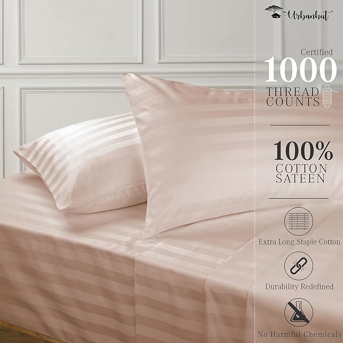URBANHUT 1000 Thread Count Damask Striped California King Size Egyptian Cotton Sheets, Long Staple Soft & Breathable, 4 Pc Bed Sheet Sets, Luxury Hotel Sateen Sheets Fits 16" Deep Pocket - Blush Pink