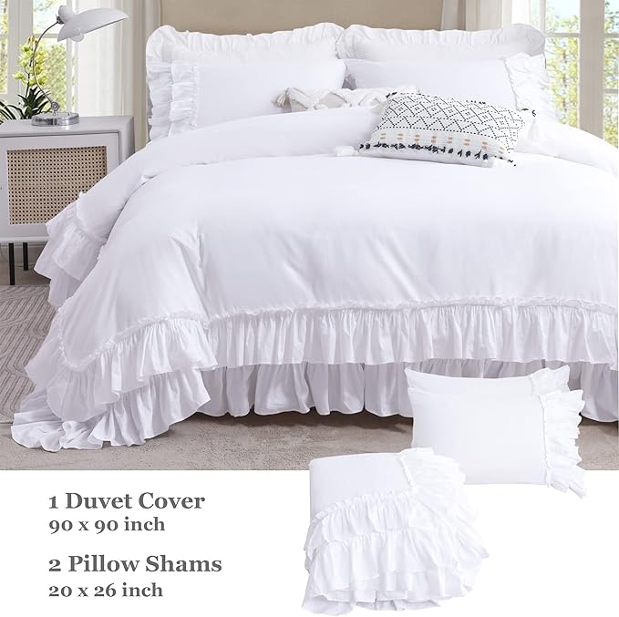 QSH Ruffle White Duvet Cover Queen Size -Washed Cotton Shabby Farmhouse Ruffled Bedding Comforter Cover 3 pcs Aesthetic French Country Queen Duvet Cover Cotton Extra Soft and Breathable