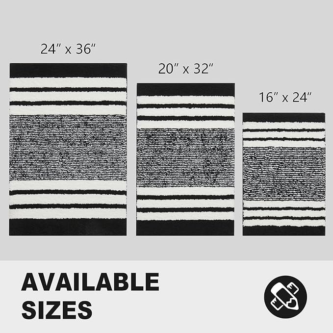 CozeCube Bath mats for Bathroom Non Slip, Fluffy Absorbent Microfiber Bath mat Washable, Aesthetic Bathroom Rugs, Cute Jet Black Striped Bath mat, Jet Black, 32" x 20"